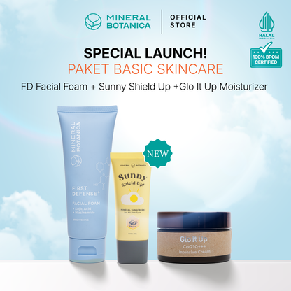[COMPLETE SKINCARE SET] Mineral Botanica Sunny Shield Up Sunscreen SPF 50+ PA+++ & Glo It Up CoQ10 Moisturizer Cream & Perfect Purifying/First Defense Facial Foam