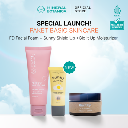 [COMPLETE SKINCARE SET] Mineral Botanica Sunny Shield Up Sunscreen SPF 50+ PA+++ & Glo It Up CoQ10 Moisturizer Cream & Perfect Purifying/First Defense Facial Foam