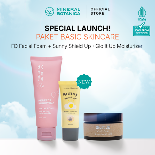 [COMPLETE SKINCARE SET] Mineral Botanica Sunny Shield Up Sunscreen SPF 50+ PA+++ & Glo It Up CoQ10 Moisturizer Cream & Perfect Purifying/First Defense Facial Foam