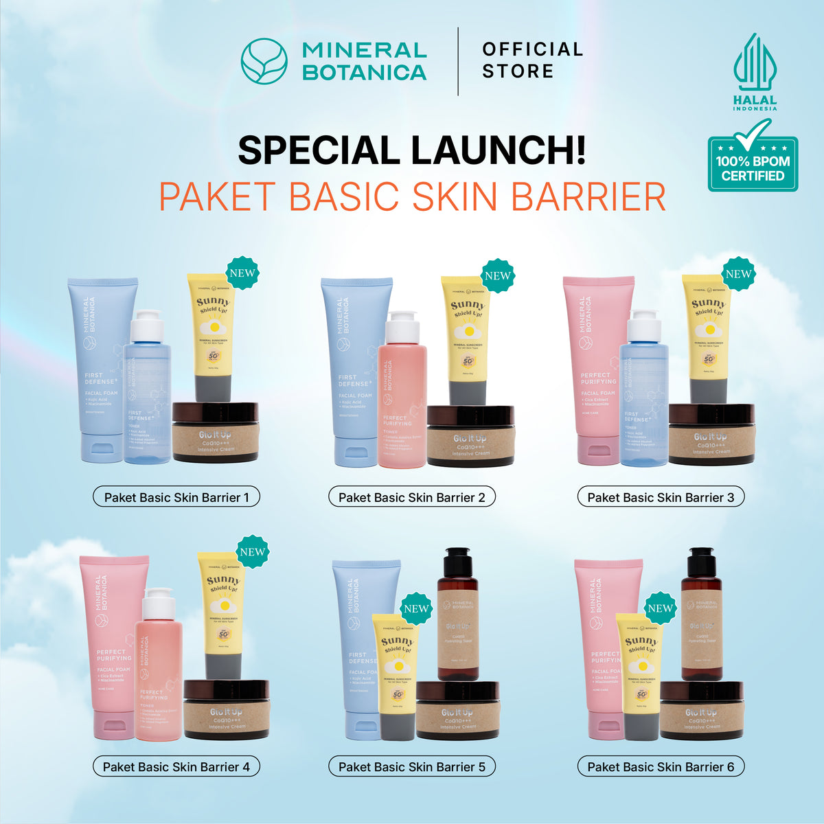 [COMPLETE SKINCARE SET] Mineral Botanica Sunny Shield Up Sunscreen SPF 50+ PA+++ & Glo It Up CoQ10 Moisturizer Cream & Perfect Purifying/First Defense Facial Foam & Toner