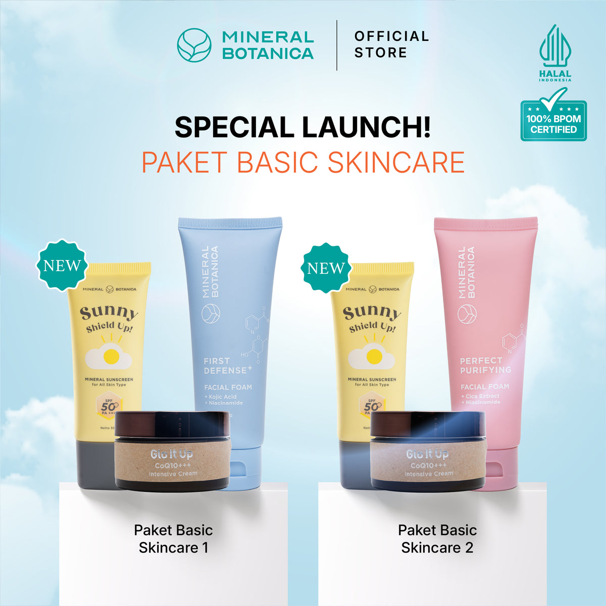 [COMPLETE SKINCARE SET] Mineral Botanica Sunny Shield Up Sunscreen SPF 50+ PA+++ & Glo It Up CoQ10 Moisturizer Cream & Perfect Purifying/First Defense Facial Foam
