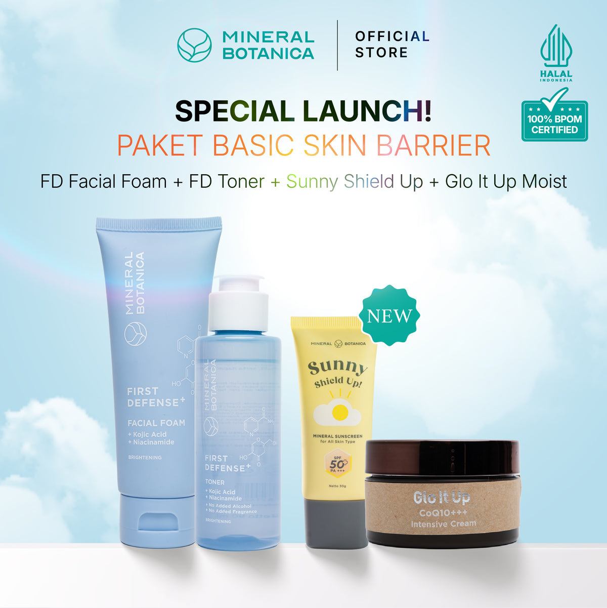 [COMPLETE SKINCARE SET] Mineral Botanica Sunny Shield Up Sunscreen SPF 50+ PA+++ & Glo It Up CoQ10 Moisturizer Cream & Perfect Purifying/First Defense Facial Foam & Toner