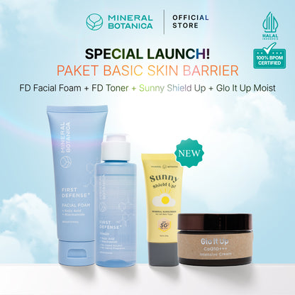 [COMPLETE SKINCARE SET] Mineral Botanica Sunny Shield Up Sunscreen SPF 50+ PA+++ & Glo It Up CoQ10 Moisturizer Cream & Perfect Purifying/First Defense Facial Foam & Toner