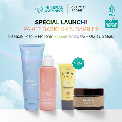 [COMPLETE SKINCARE SET] Mineral Botanica Sunny Shield Up Sunscreen SPF 50+ PA+++ & Glo It Up CoQ10 Moisturizer Cream & Perfect Purifying/First Defense Facial Foam & Toner