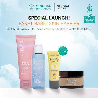 [COMPLETE SKINCARE SET] Mineral Botanica Sunny Shield Up Sunscreen SPF 50+ PA+++ & Glo It Up CoQ10 Moisturizer Cream & Perfect Purifying/First Defense Facial Foam & Toner