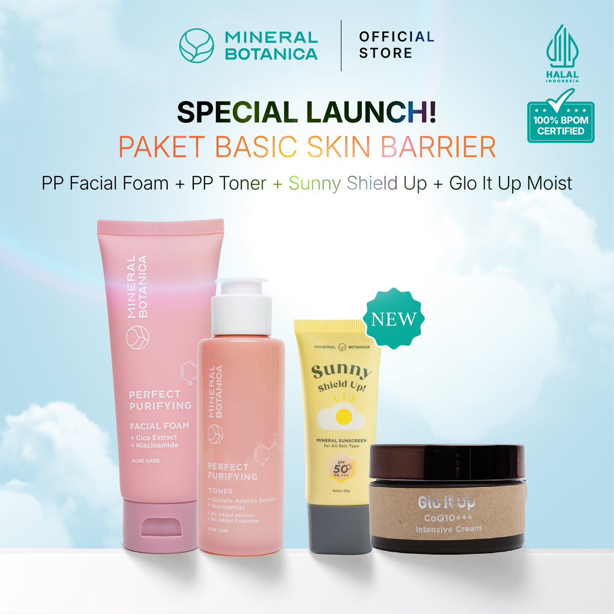 [COMPLETE SKINCARE SET] Mineral Botanica Sunny Shield Up Sunscreen SPF 50+ PA+++ & Glo It Up CoQ10 Moisturizer Cream & Perfect Purifying/First Defense Facial Foam & Toner