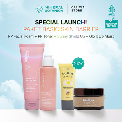 [COMPLETE SKINCARE SET] Mineral Botanica Sunny Shield Up Sunscreen SPF 50+ PA+++ & Glo It Up CoQ10 Moisturizer Cream & Perfect Purifying/First Defense Facial Foam & Toner