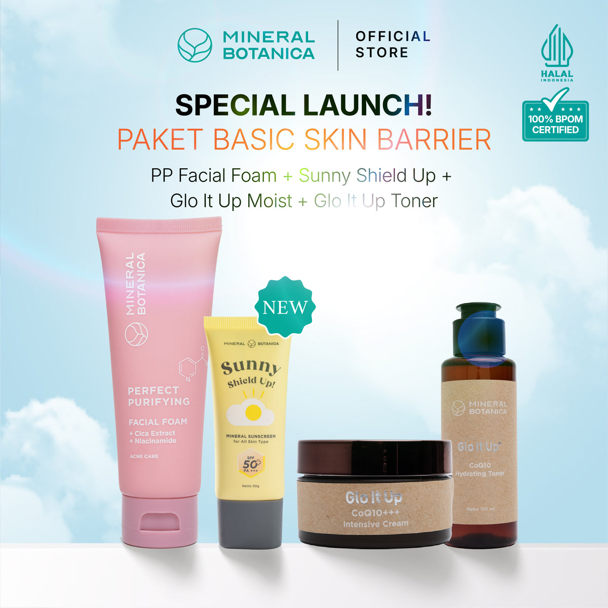 [COMPLETE SKINCARE SET] Mineral Botanica Sunny Shield Up Sunscreen SPF 50+ PA+++ & Glo It Up CoQ10 Moisturizer Cream & Perfect Purifying/First Defense Facial Foam & Toner